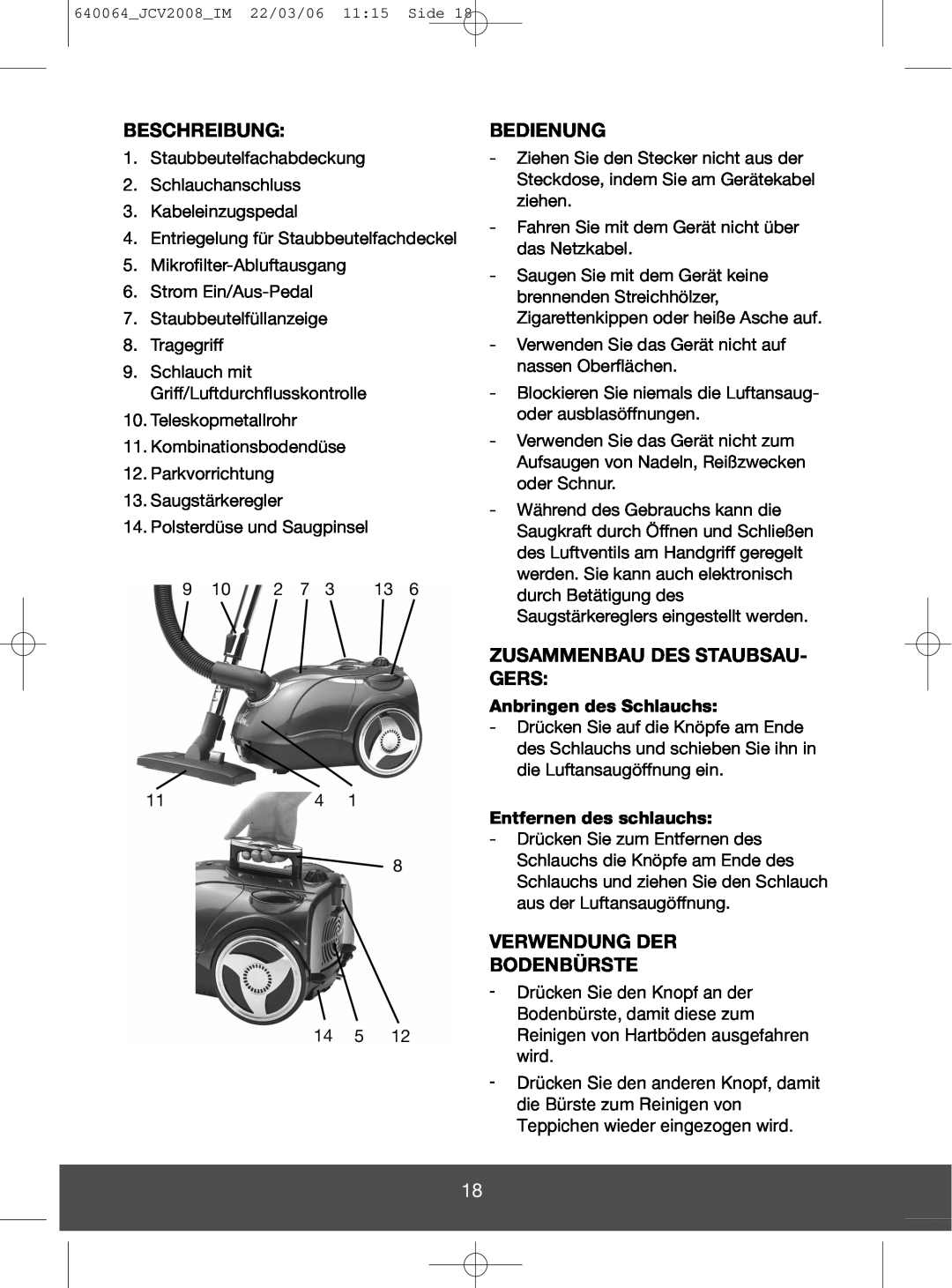 Melissa 640-123 manual Beschreibung, Bedienung, Zusammenbau Des Staubsau- Gers, Verwendung Der Bodenbürste 