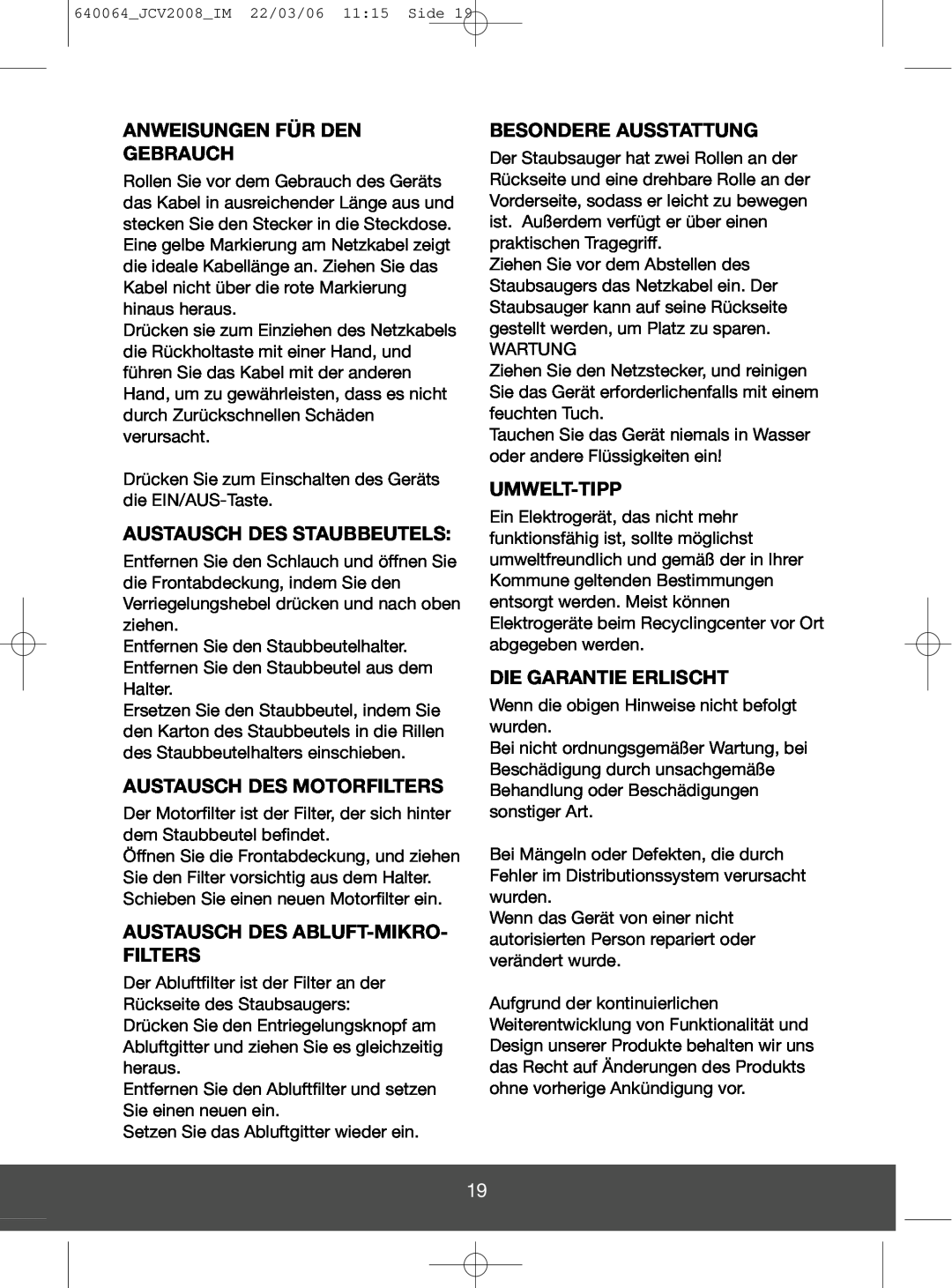 Melissa 640-123 manual Anweisungen Für Den Gebrauch, Austausch Des Staubbeutels, Austausch Des Motorfilters, Umwelt-Tipp 