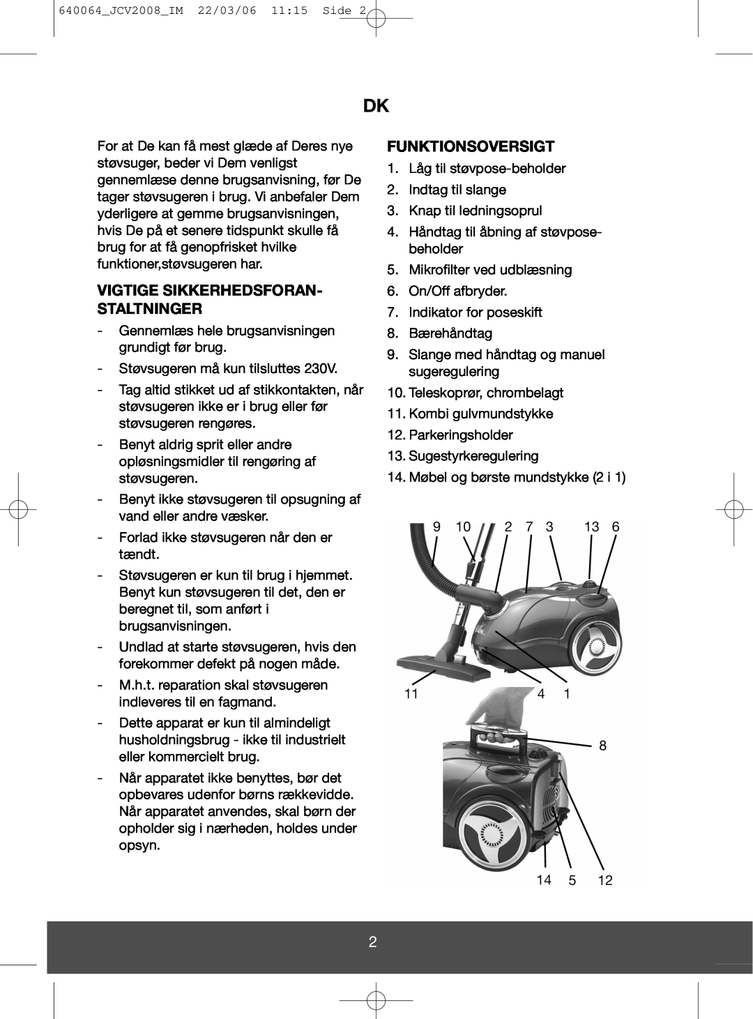 Melissa 640-123 manual Vigtige Sikkerhedsforan- Staltninger, Funktionsoversigt 