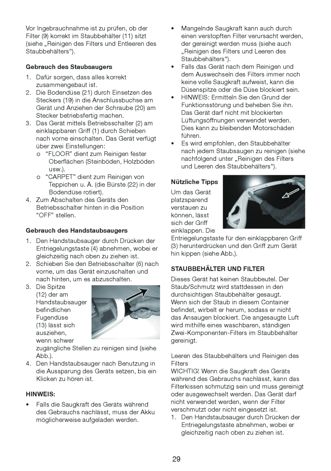 Melissa 640-132 manual Gebrauch des Staubsaugers, Gebrauch des Handstaubsaugers, Hinweis, Nützliche Tipps 