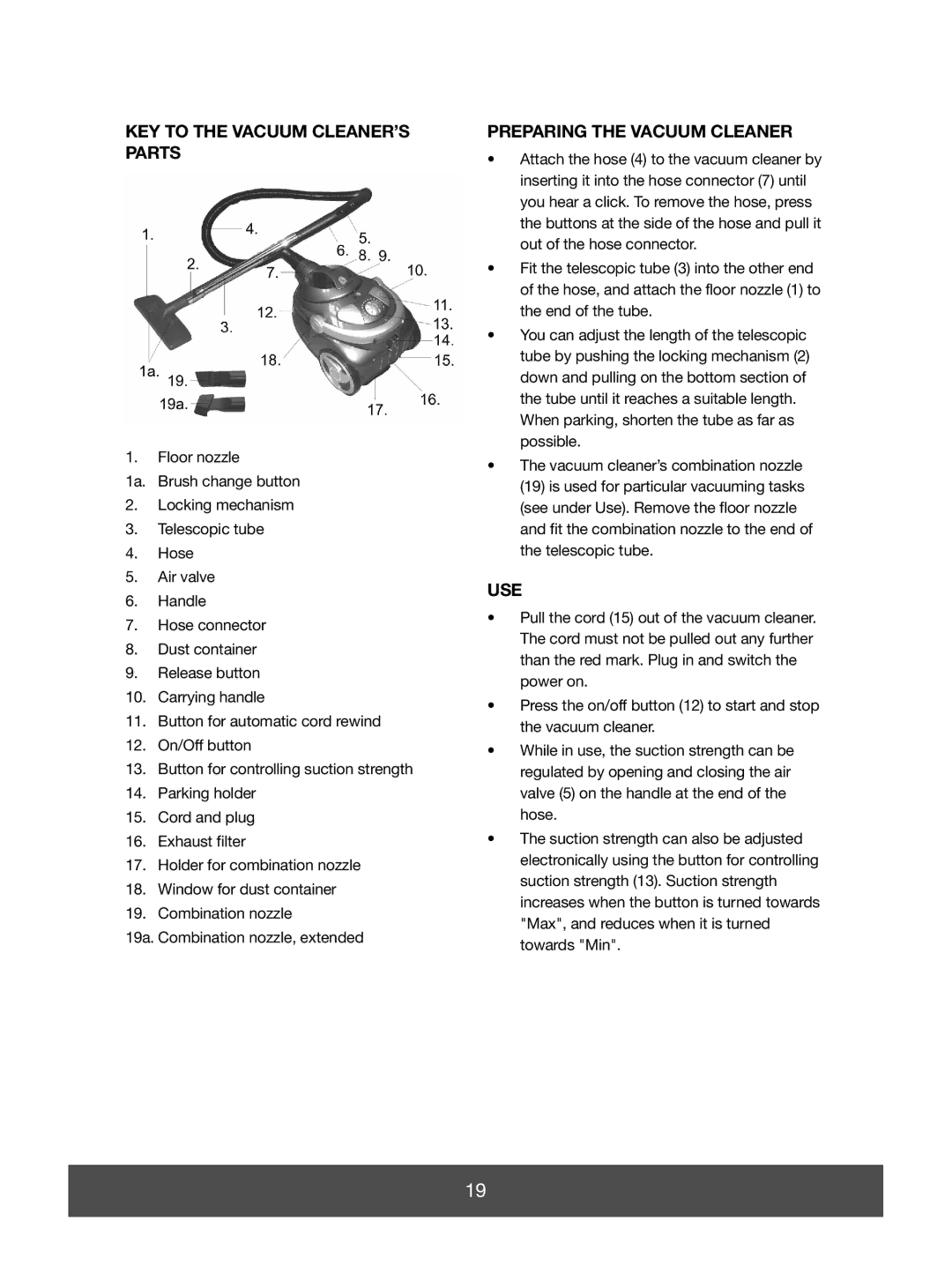 Melissa 640-139 manual KEY to the Vacuum CLEANER’S Parts, Preparing the Vacuum Cleaner, Use 