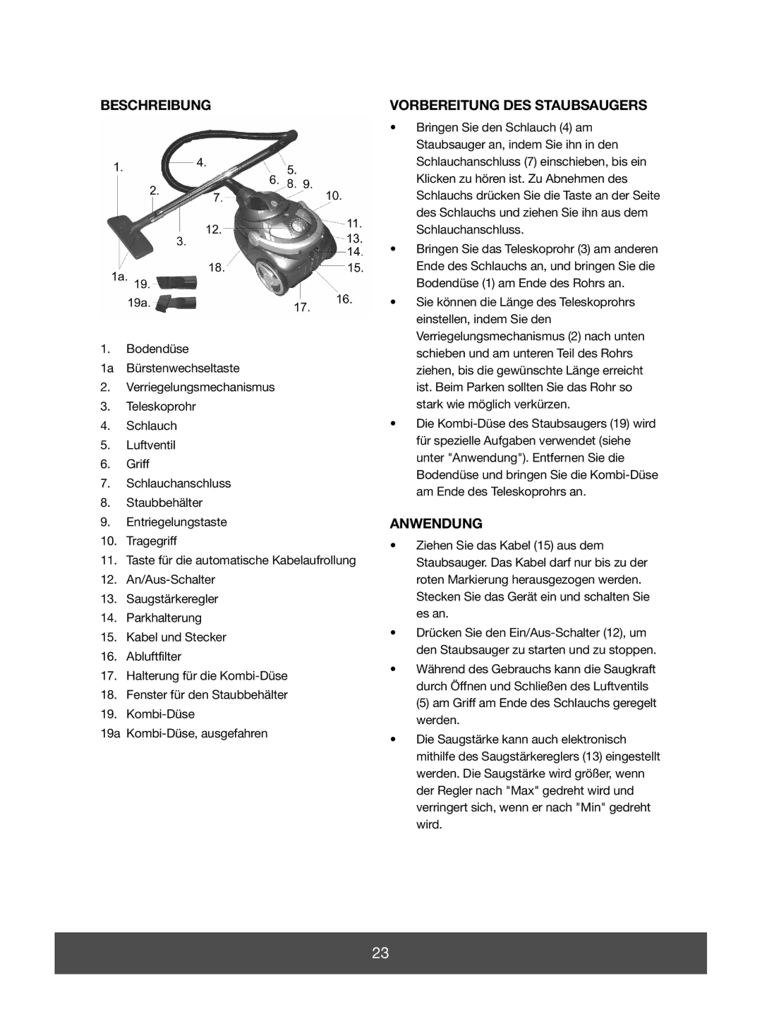 Melissa 640-139 manual Beschreibung, Vorbereitung DES Staubsaugers, Anwendung 