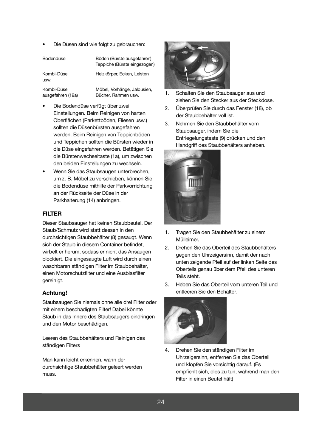 Melissa 640-139 manual Achtung, Filter 