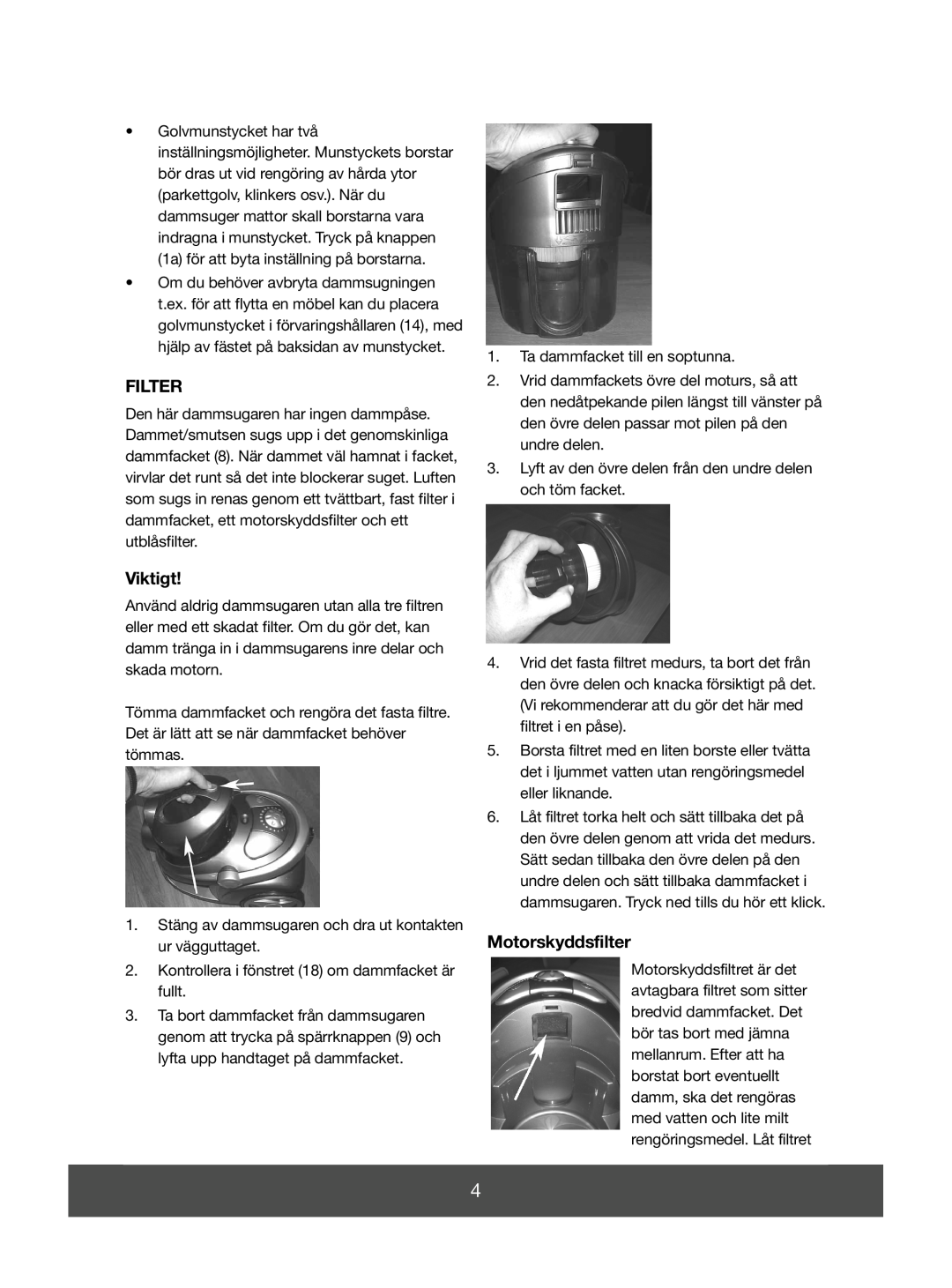 Melissa 640-139 manual Filter, Viktigt, Motorskyddsfilter 
