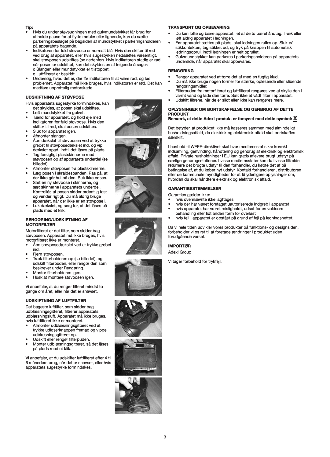 Melissa 640-141 manual Udskiftning Af Støvpose, Rengøring/Udskiftning Af Motorfilter, Udskiftning Af Luftfilter, Importør 