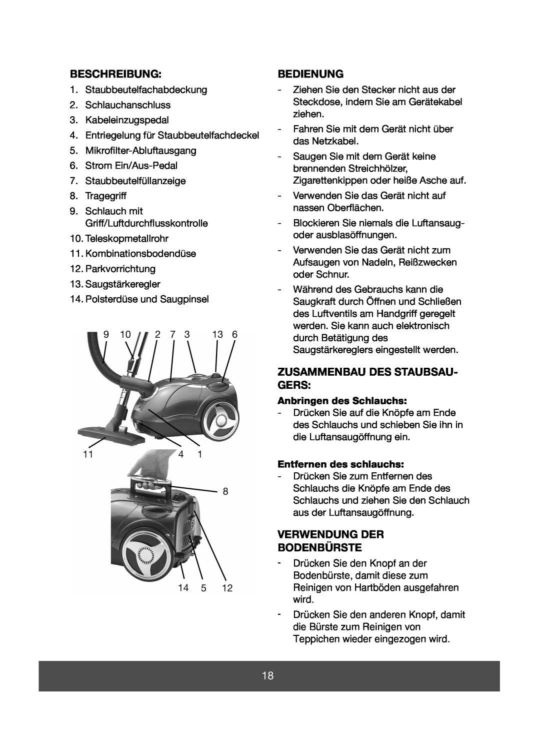 Melissa 640-142 manual Beschreibung, Bedienung, Zusammenbau Des Staubsau- Gers, Verwendung Der Bodenbürste 
