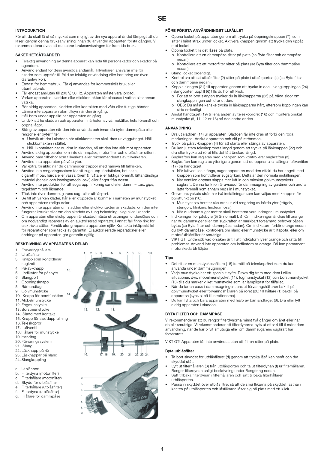 Melissa 640-143 Säkerhetsåtgärder, Beskrivning Av Apparatens Delar, Före Första Användningstillfället, Byta utblåsfilter 