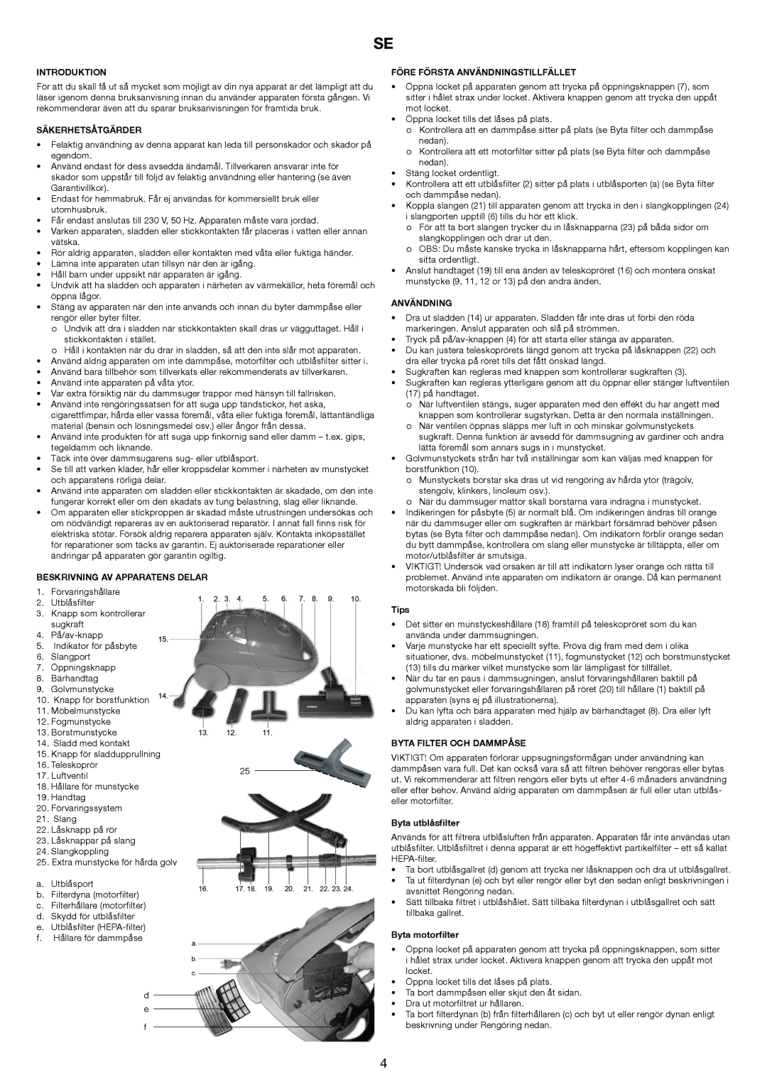 Melissa 640-144 manual Säkerhetsåtgärder, Beskrivning AV Apparatens Delar, Före Första Användningstillfället 