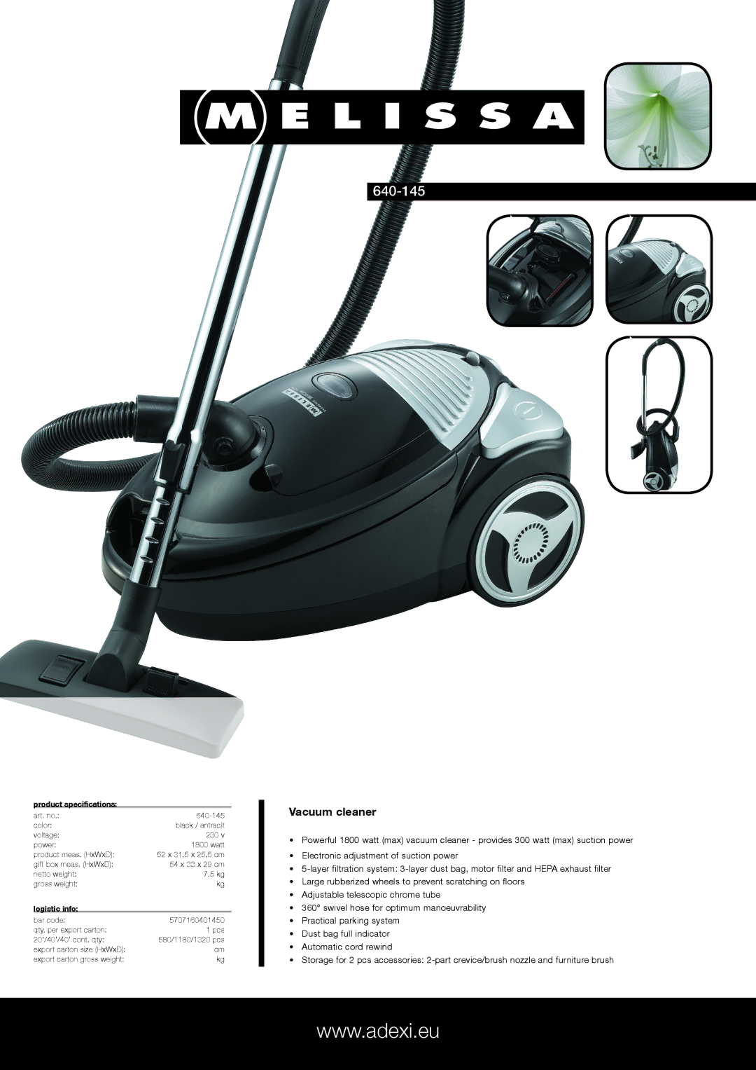 Melissa 640-145 specifications Vacuum cleaner, Product specifications, Logistic info 