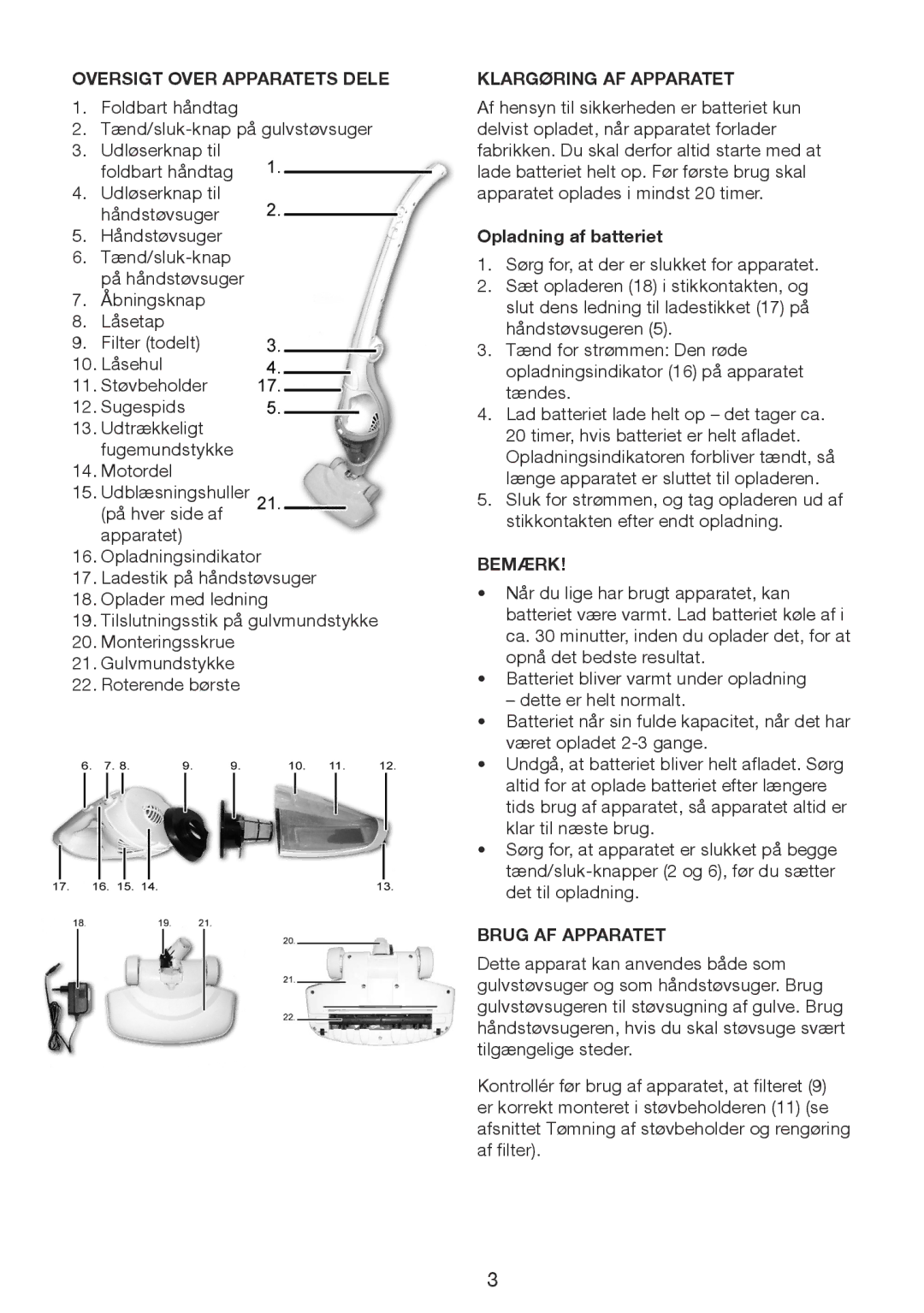 Melissa 640-15 Oversigt Over Apparatets Dele, Klargøring AF Apparatet, Opladning af batteriet, Bemærk, Brug AF Apparatet 