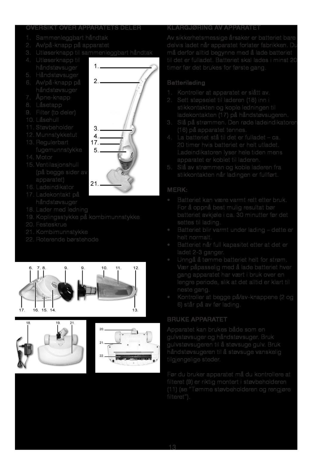 Melissa 640-15 manual Oversikt Over Apparatets Deler, Klargjøring Av Apparatet, Batterilading, Merk, Bruke Apparatet 