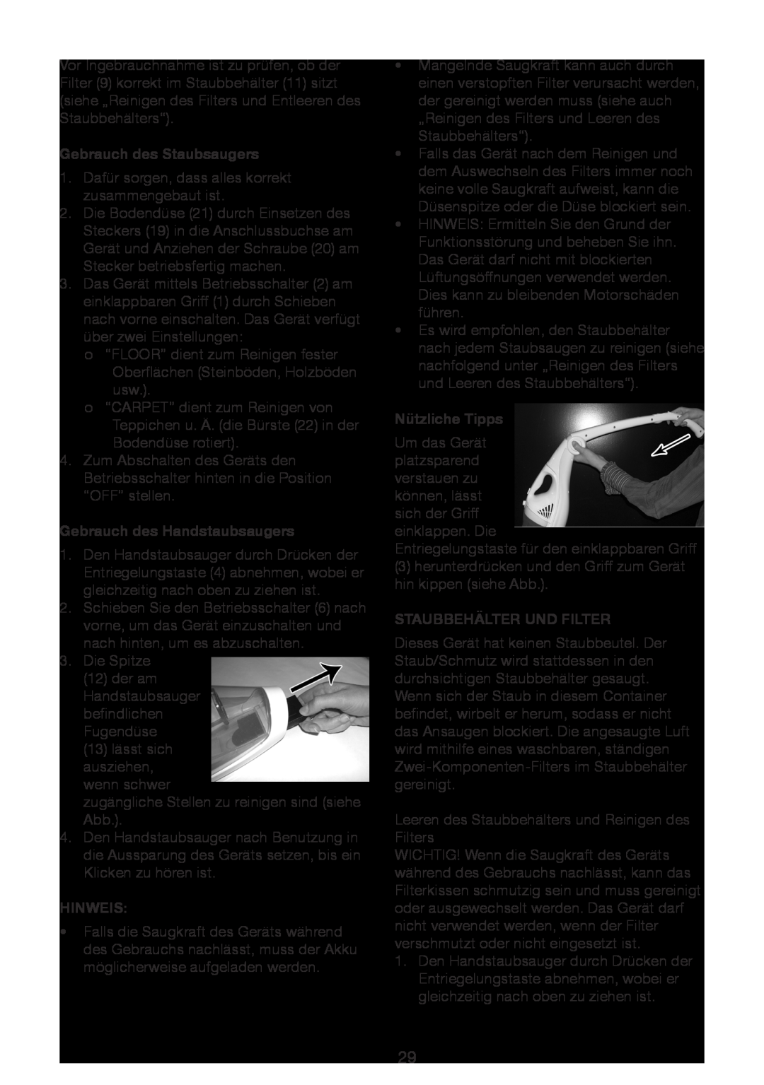 Melissa 640-15 manual Gebrauch des Staubsaugers, Gebrauch des Handstaubsaugers, Hinweis, Nützliche Tipps 