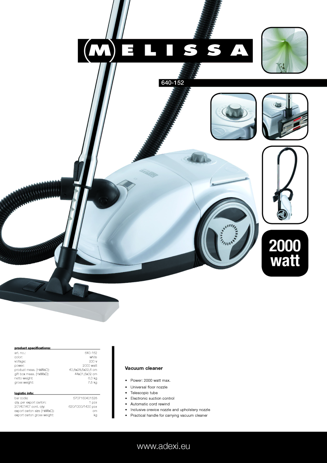 Melissa 640-152 specifications Watt, Vacuum cleaner, Product specifications, Logistic info 