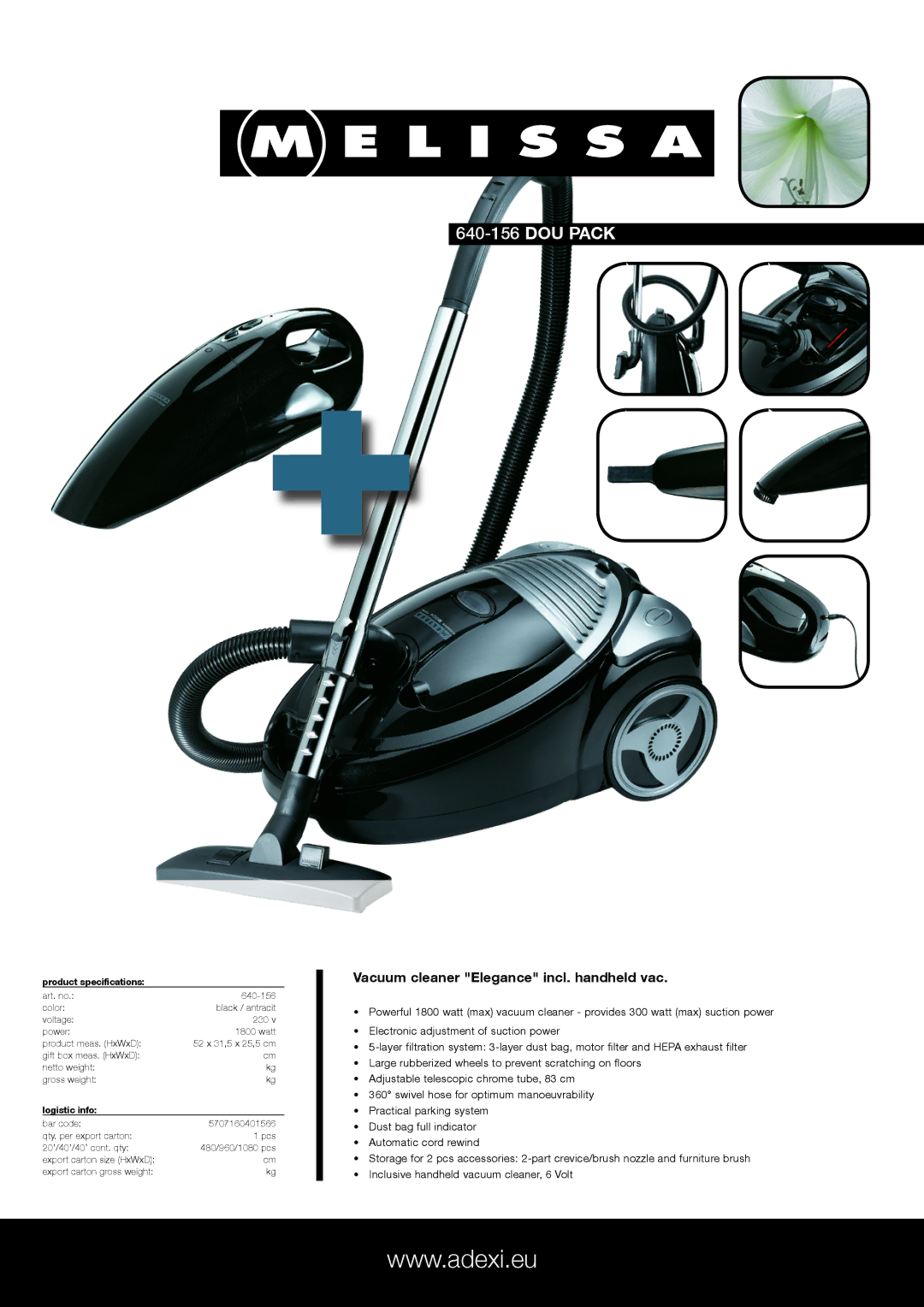 Melissa 640-156 specifications DOU Pack, Vacuum cleaner Elegance incl. handheld vac, Product specifications, Logistic info 