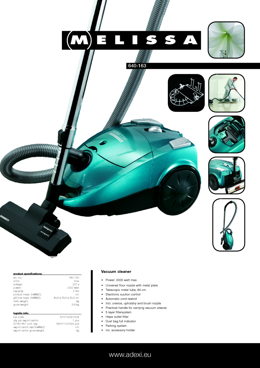 Melissa 640-163 specifications Vacuum cleaner, Product specifications, Logistic info 