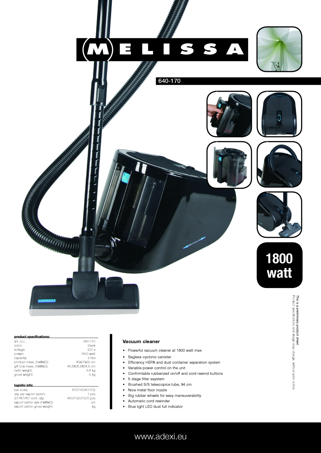 Melissa 640-170 specifications watt, Vacuum cleaner 