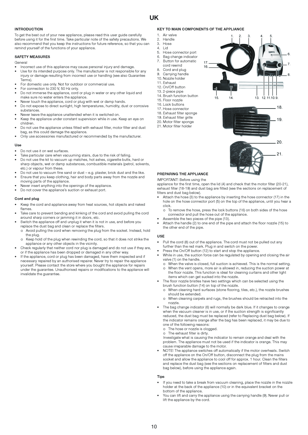 Melissa 640-171 manual Introduction, Safety Measures, Cord and plug, Key To Main Components Of The Appliance, Tips 