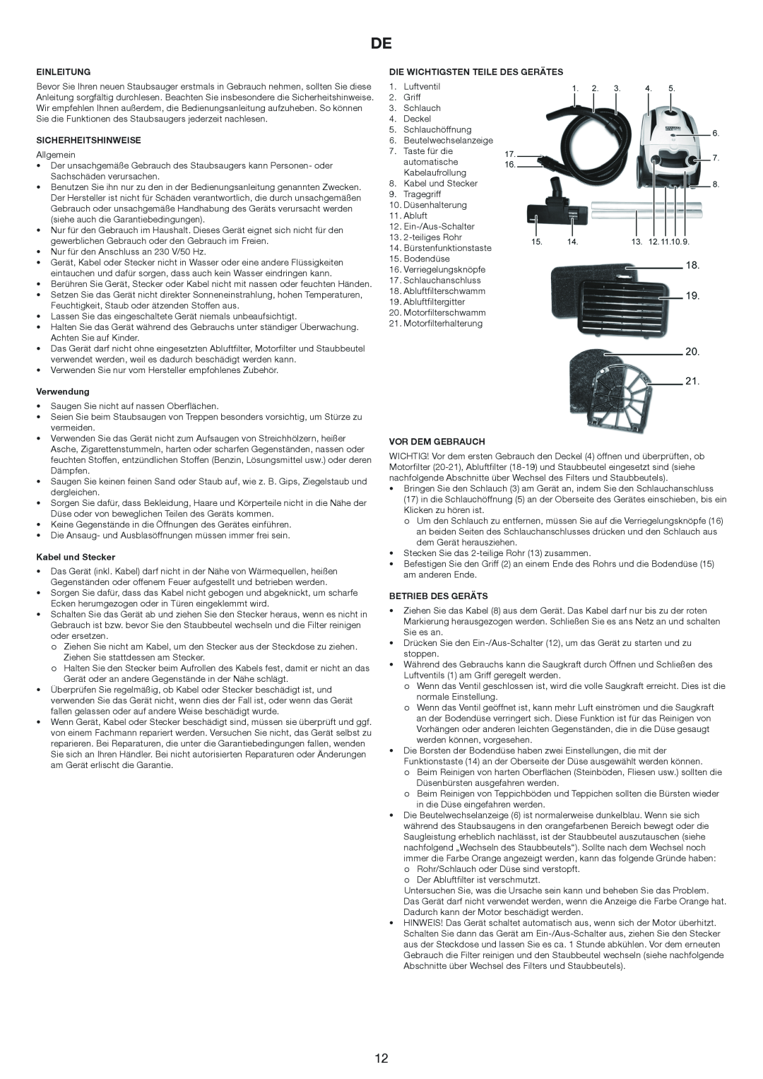 Melissa 640-171 manual Einleitung, Sicherheitshinweise, Verwendung, Kabel und Stecker, Die Wichtigsten Teile Des Gerätes 