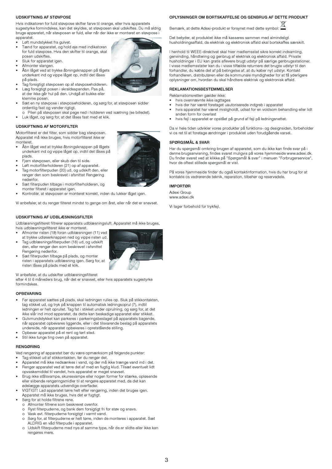 Melissa 640-171 manual Udskiftning Af Støvpose, Udskiftning Af Motorfilter, Udskiftning Af Udblæsningsfilter, Opbevaring 