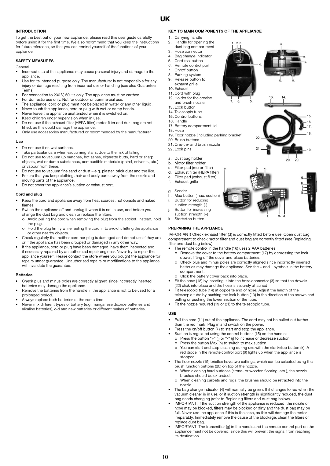 Melissa 640-174 manual Introduction, Safety Measures, KEY to Main Components of the Appliance, Preparing the Appliance, Use 