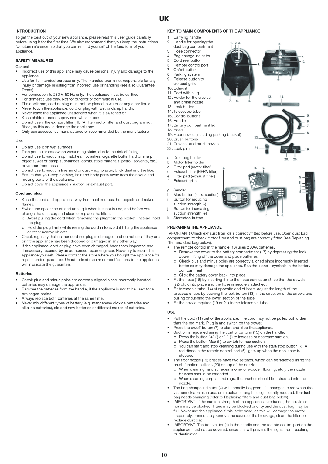 Melissa 640-174 manual Introduction, Safety Measures, Cord and plug, Batteries, Key To Main Components Of The Appliance 