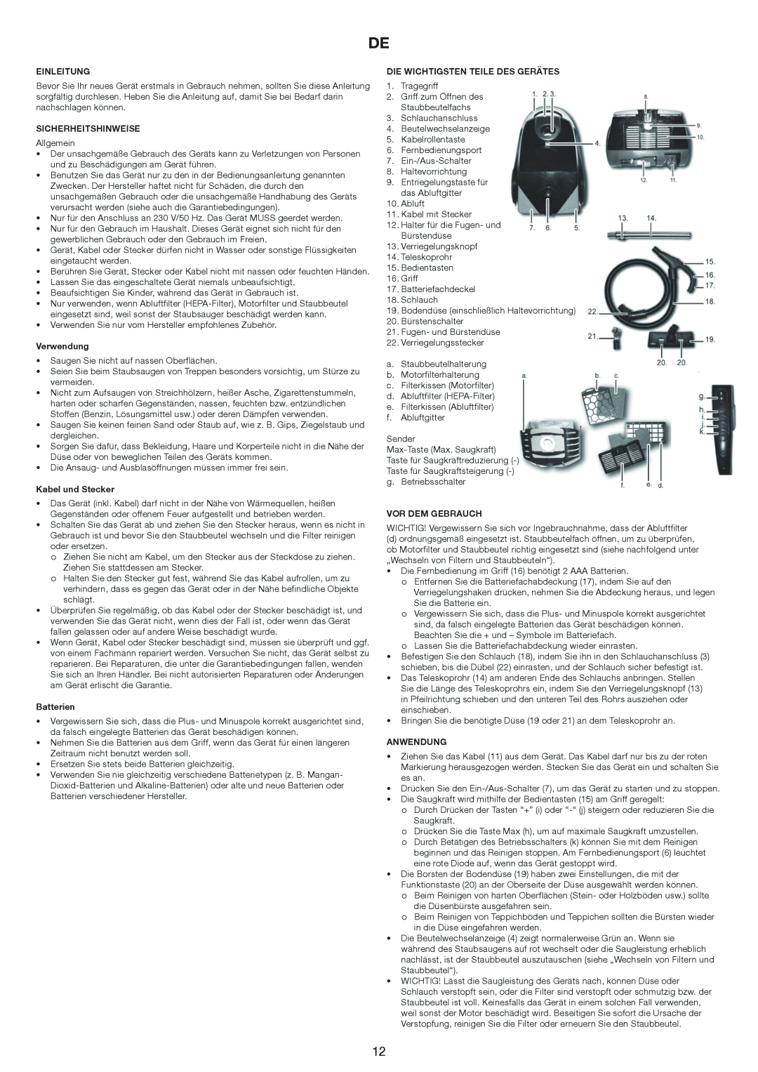 Melissa 640-174 Einleitung, Sicherheitshinweise, Verwendung, Kabel und Stecker, Batterien, Vor Dem Gebrauch, Anwendung 