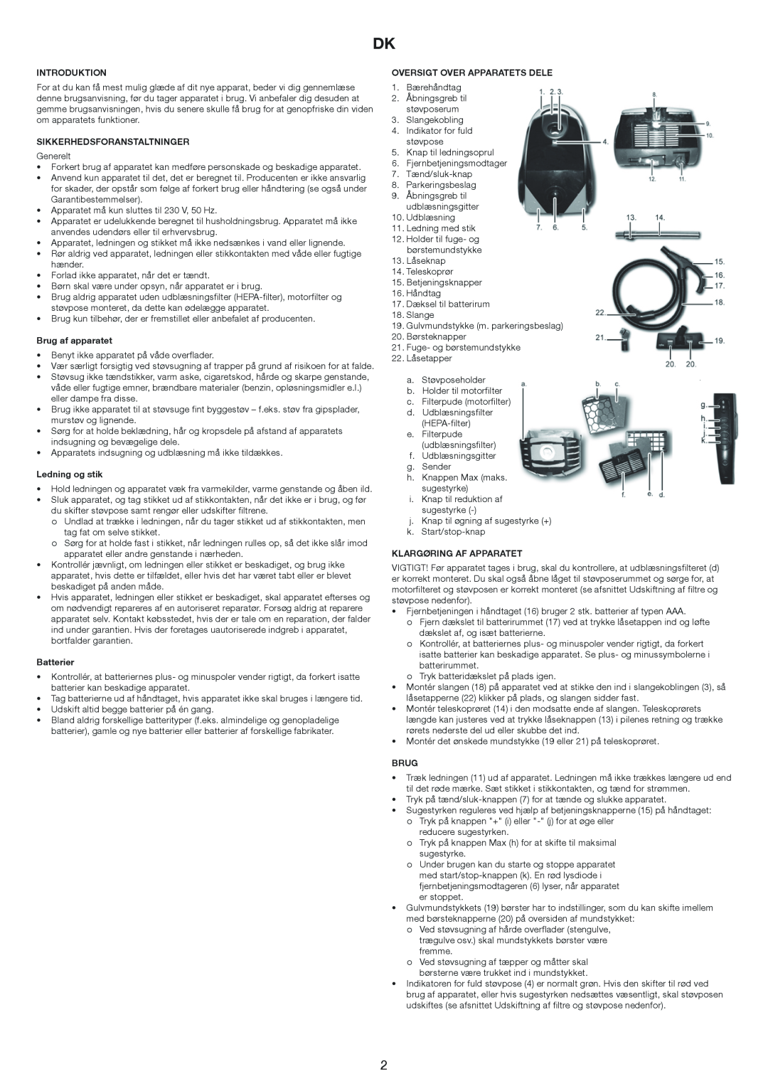 Melissa 640-174 manual Introduktion, Sikkerhedsforanstaltninger, Brug af apparatet, Ledning og stik, Batterier 