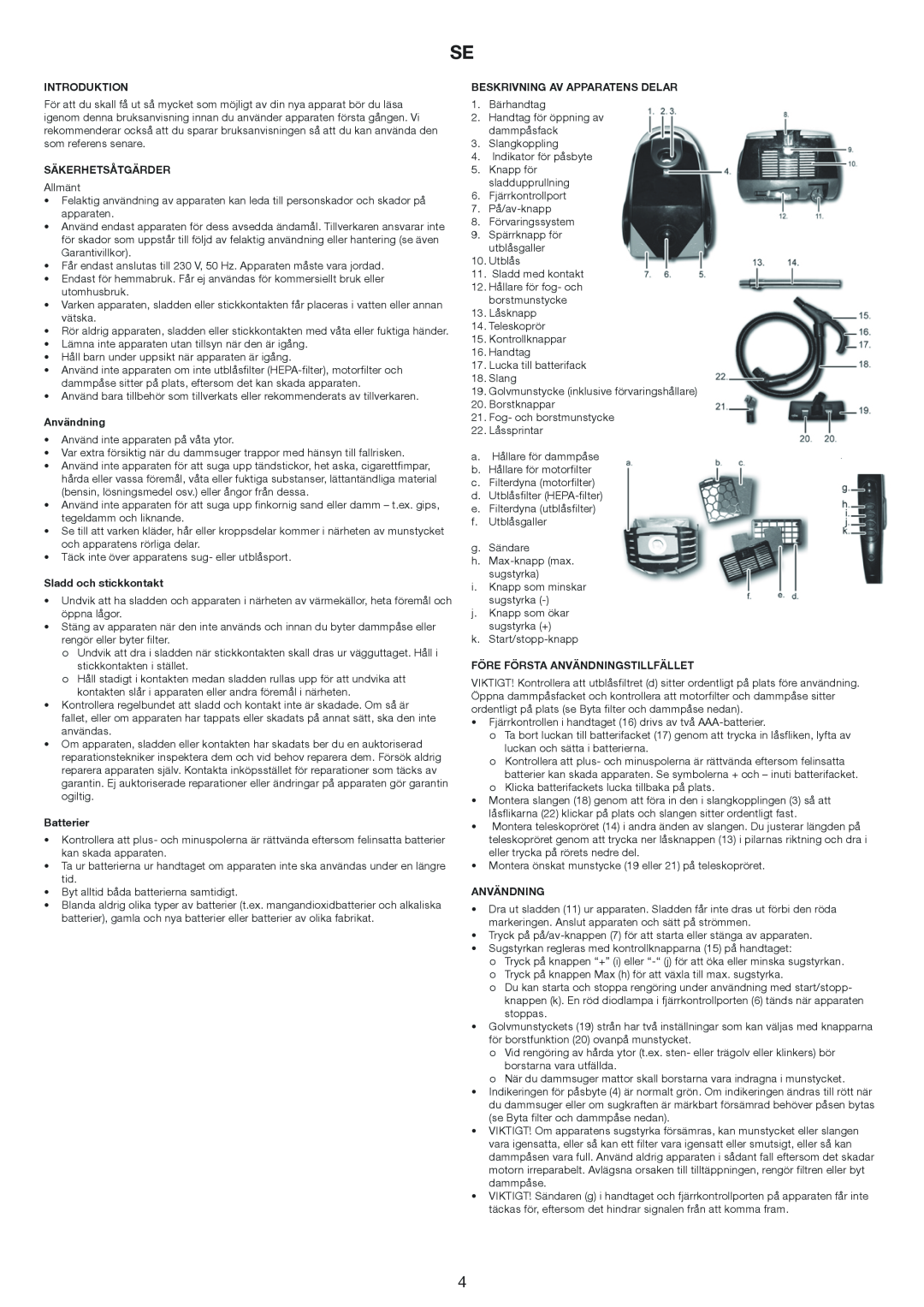 Melissa 640-174 manual Introduktion, Säkerhetsåtgärder, Användning, Sladd och stickkontakt, Batterier 