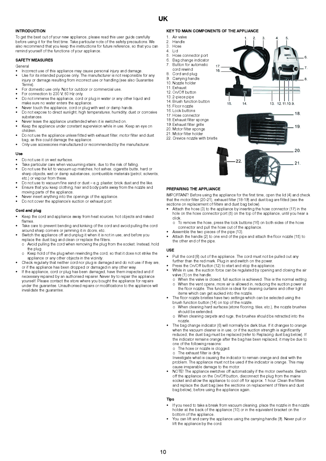 Melissa 640-206 manual Introduction, Safety Measures, KEY to Main Components of the Appliance, Preparing the Appliance, Use 