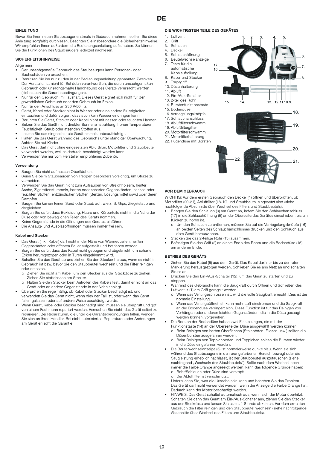 Melissa 640-206 manual Einleitung, Sicherheitshinweise, Verwendung, Kabel und Stecker, Die Wichtigsten Teile Des Gerätes 