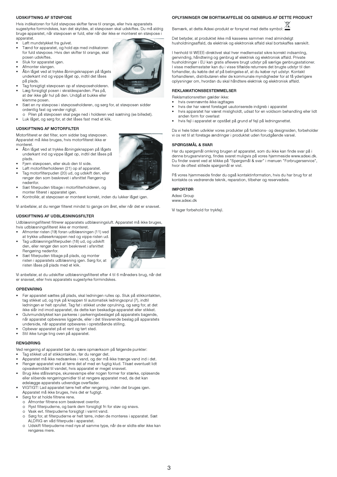 Melissa 640-206 manual Udskiftning Af Støvpose, Udskiftning Af Motorfilter, Udskiftning Af Udblæsningsfilter, Opbevaring 