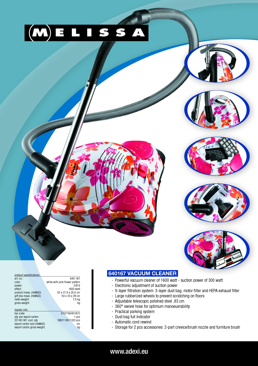 Melissa 640167 manual vacuum cleaner, ·· Adjustable telescopic polished steel ,83 cm 
