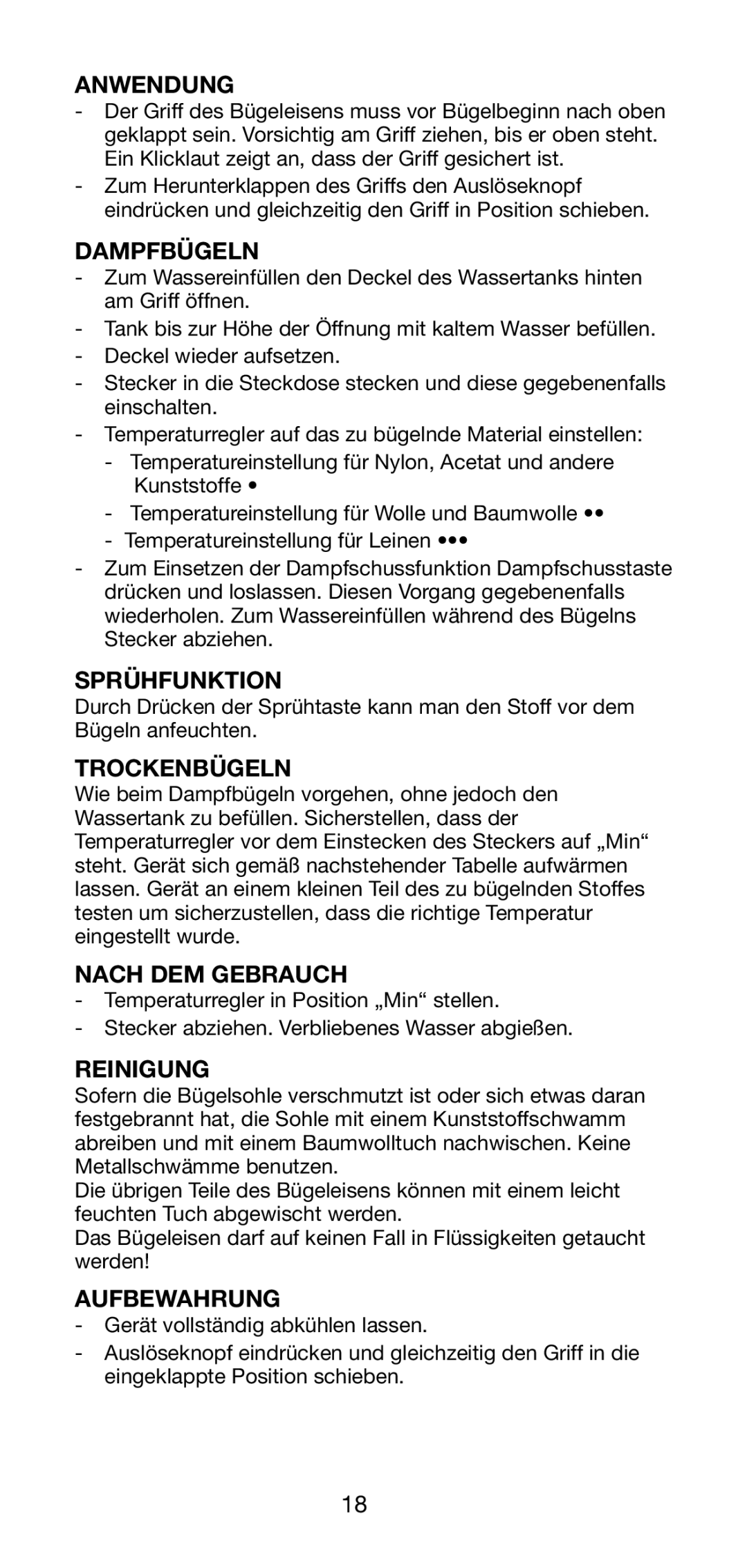 Melissa 641-013 manual Anwendung, Dampfbügeln, Sprühfunktion, Trockenbügeln, Nach DEM Gebrauch, Reinigung, Aufbewahrung 