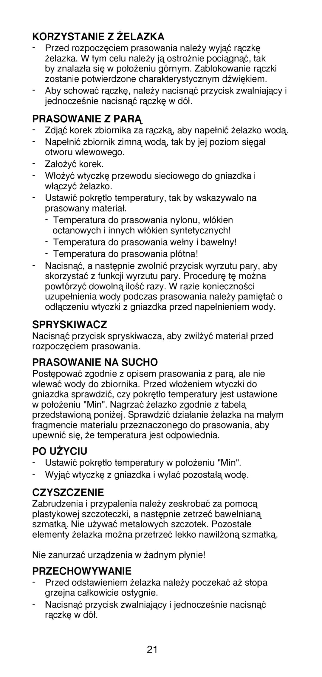 Melissa 641-013 manual Korzystanie Z ˚ELAZKA, Prasowanie Z Parñ, Spryskiwacz, Prasowanie NA Sucho, Po U˚Yciu, Czyszczenie 