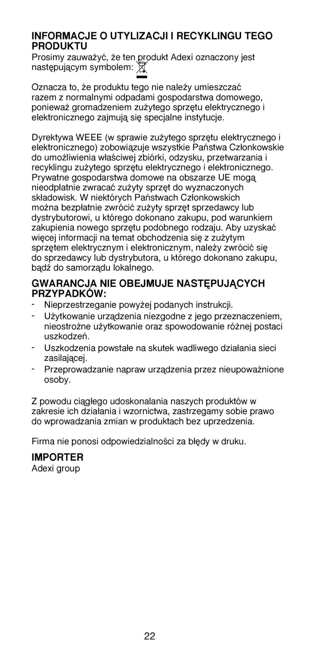 Melissa 641-013 manual Informacje O Utylizacji I Recyklingu Tego Produktu, Gwarancja NIE Obejmuje NAST¢PUJÑCYCH Przypadków 