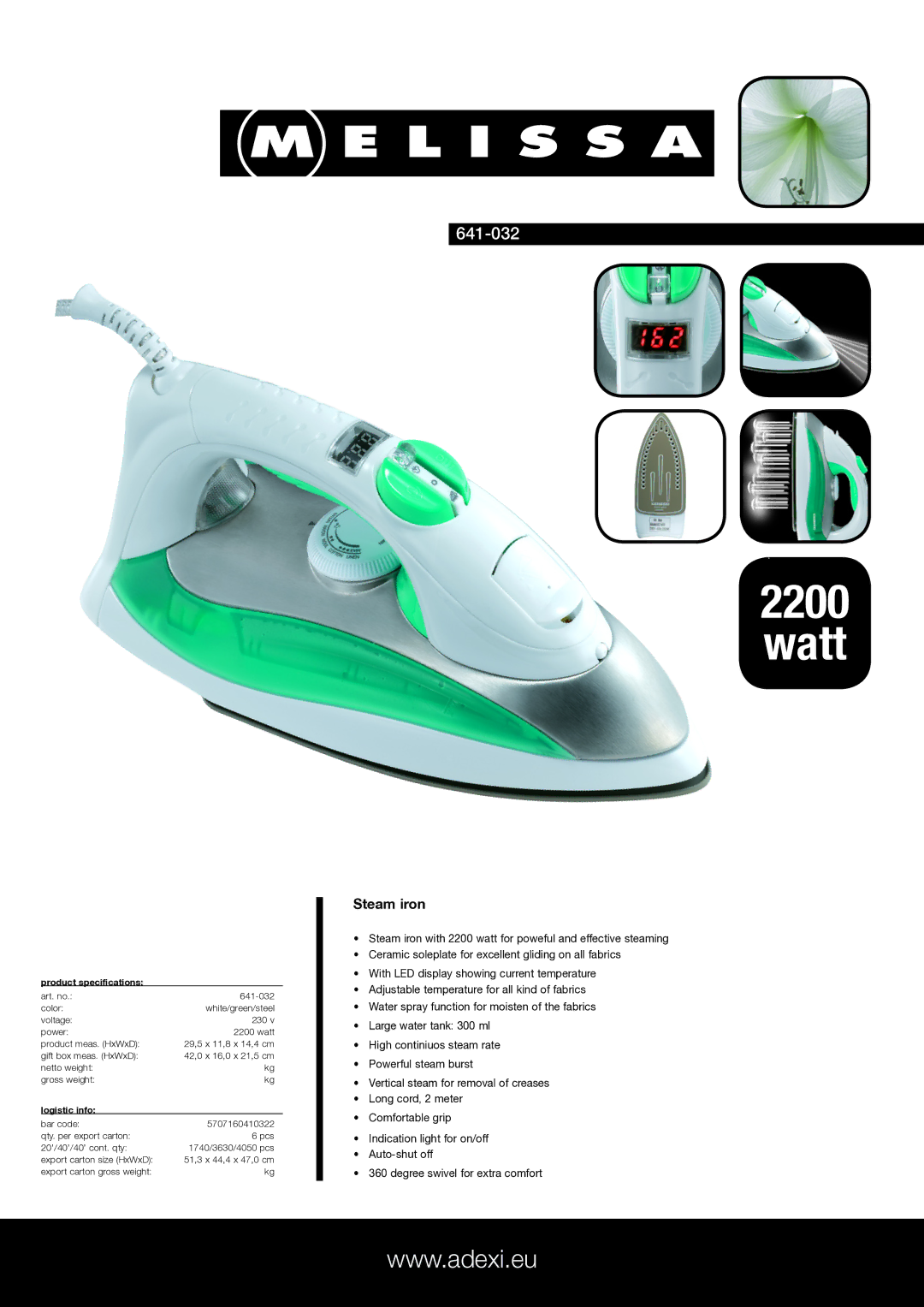 Melissa 641-032 specifications Watt, Steam iron, Product specifications, Logistic info 