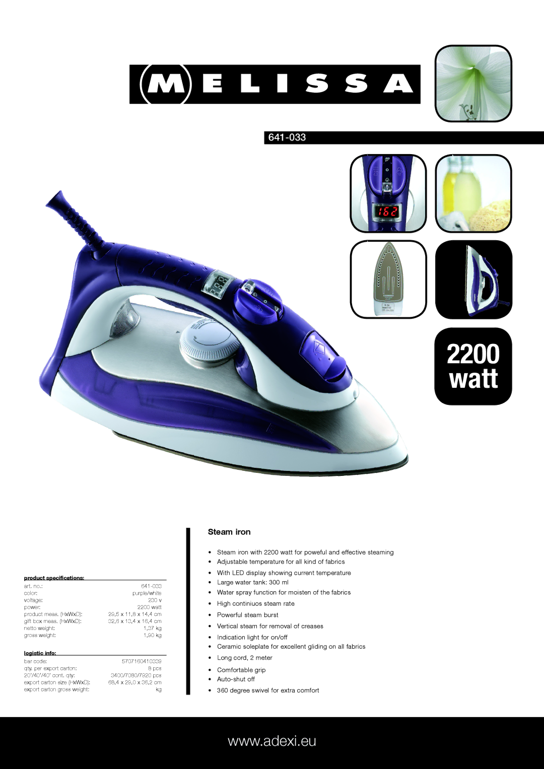 Melissa 641-033 specifications Watt, Steam iron, Product specifications, Logistic info 