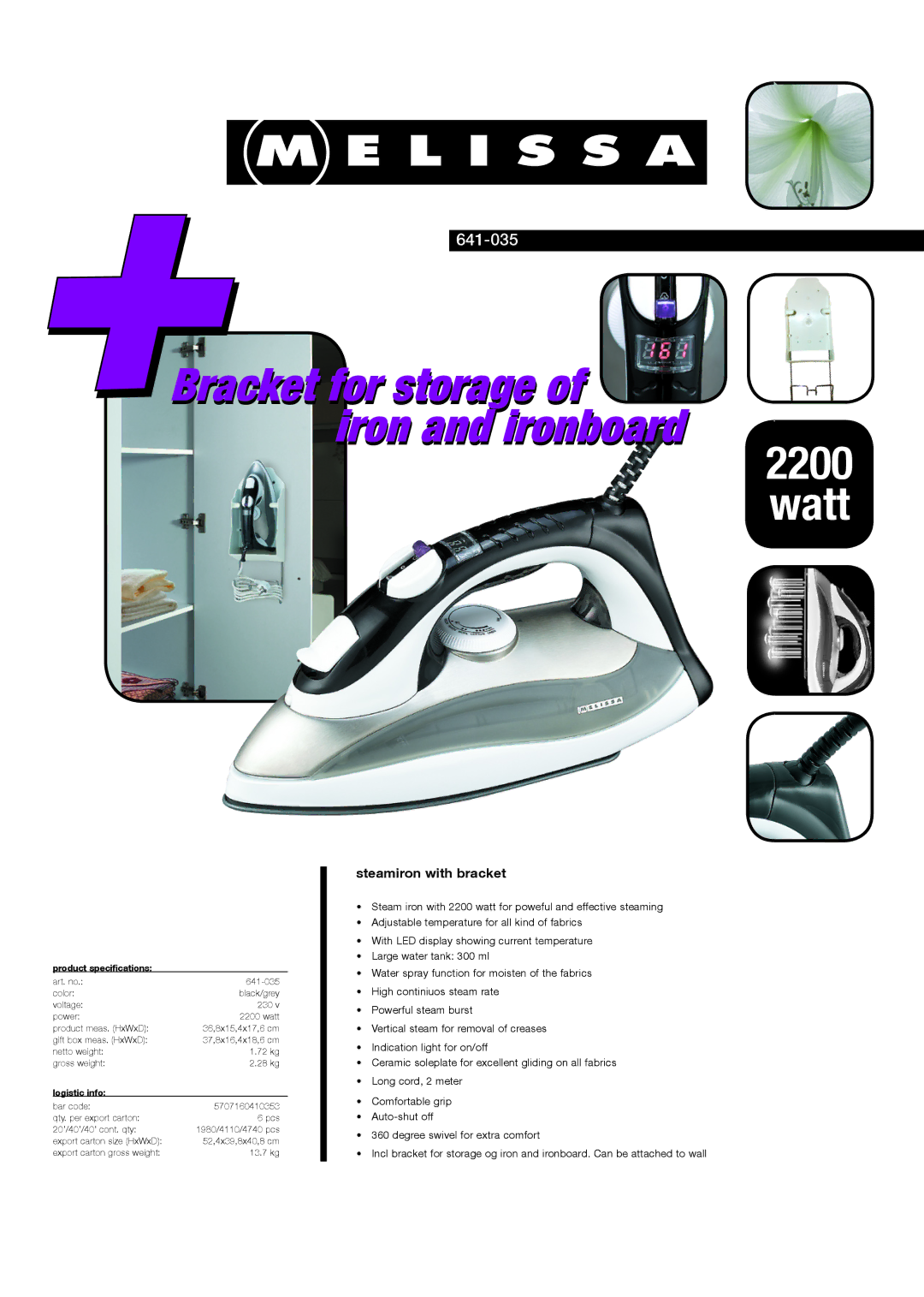 Melissa 641-035 specifications Bracket for storage of iron and ironboard, Watt, Steamiron with bracket, Logistic info 