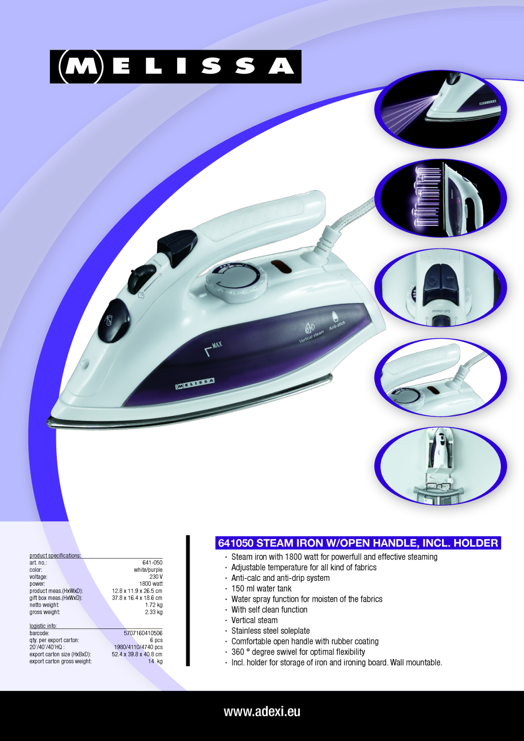 Melissa 641050 manual Steam iron w/open handle, incl. holder 