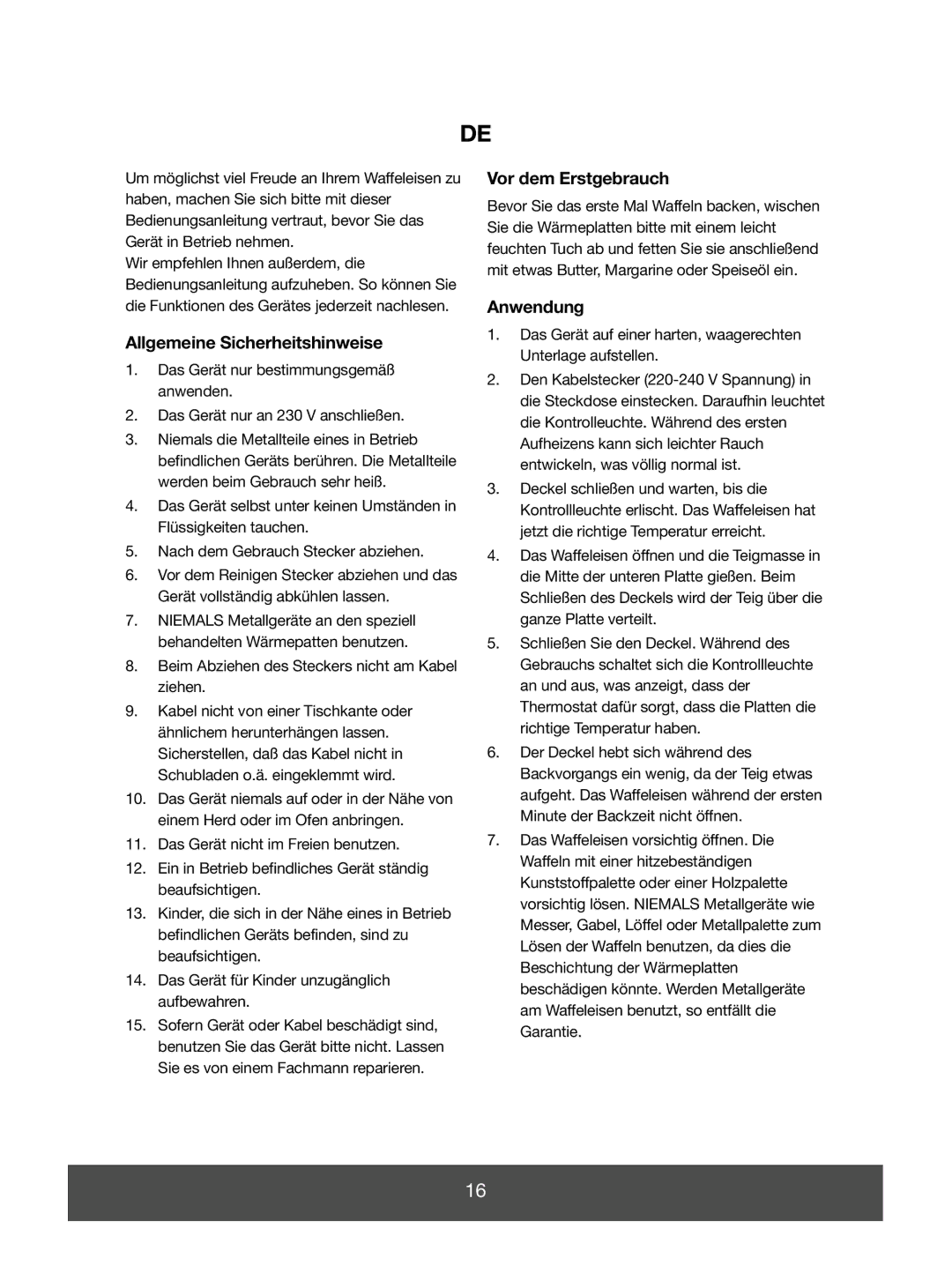 Melissa 643-008 manual Allgemeine Sicherheitshinweise, Vor dem Erstgebrauch, Anwendung 