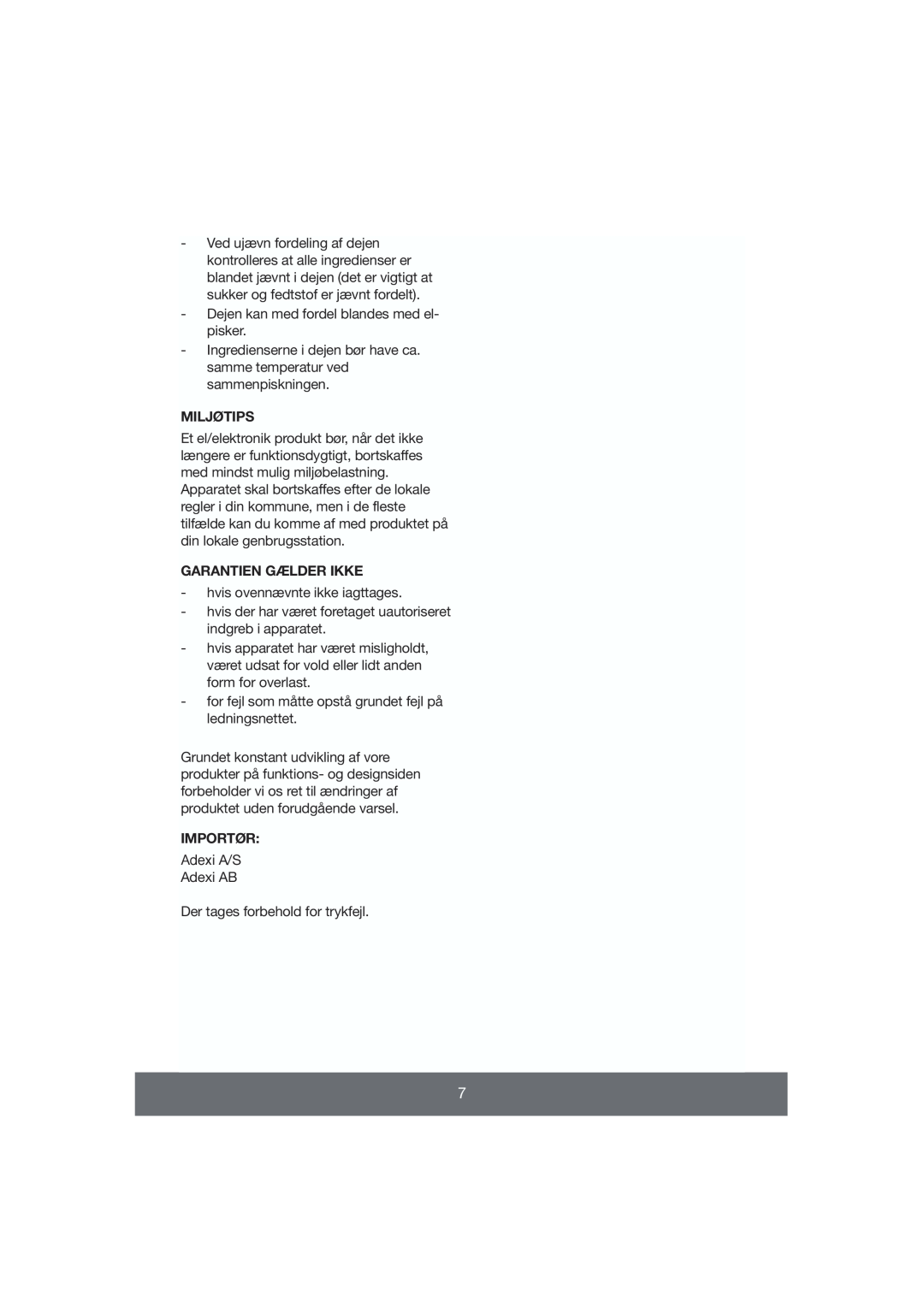 Melissa 643-009 manual Miljøtips, Garantien Gælder Ikke, Importør 
