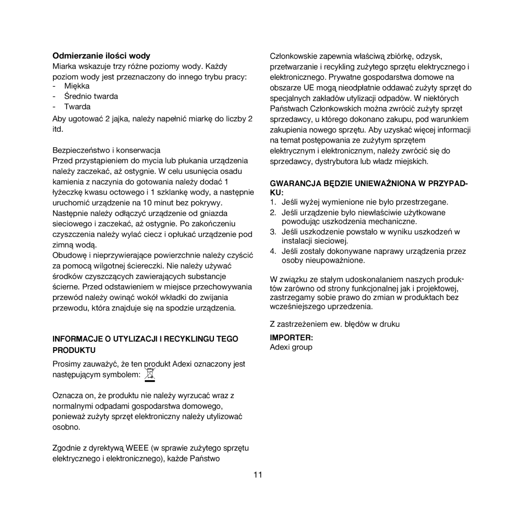 Melissa 643-019 manual Odmierzanie ilości wody, Informacje O Utylizacji I Recyklingu Tego Produktu 