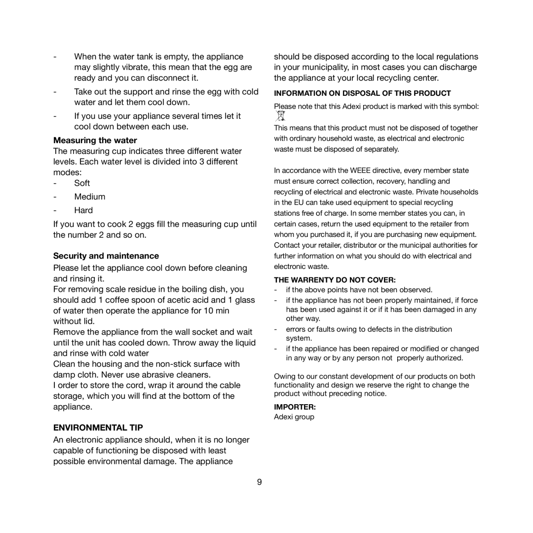 Melissa 643-019 manual Measuring the water, Security and maintenance, Environmental TIP 