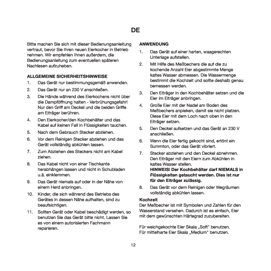 Melissa 643-019 manual Allgemeine Sicherheitshinweise, Anwendung, Kochzeit 
