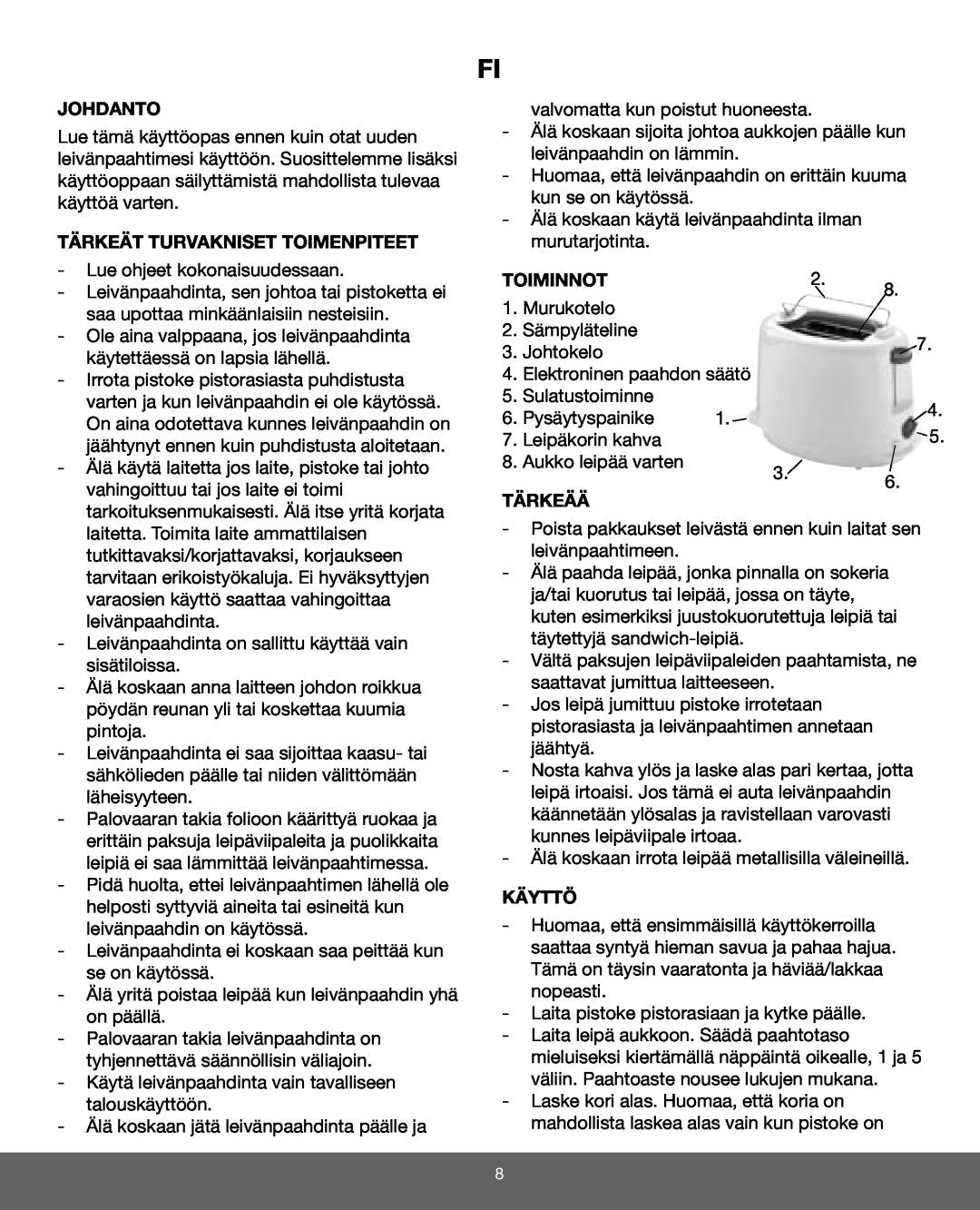 Melissa 643-024 manual Johdanto, Tärkeät Turvakniset Toimenpiteet, Toiminnot, Tärkeää, Käyttö 