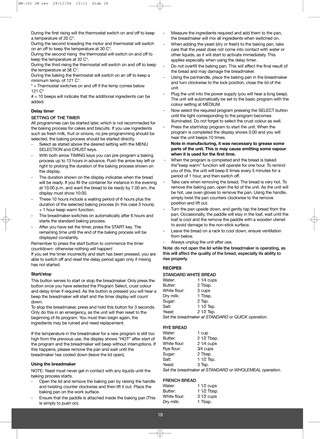 Melissa 643-032 manual Delay timer, Start/stop, Using the breadmaker, Recipes 