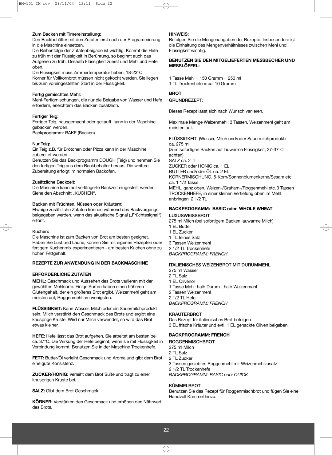 Melissa 643-032 manual Rezepte Zur Anwendung In Der Backmaschine, Erforderliche Zutaten, Brot, Backprogramm French 