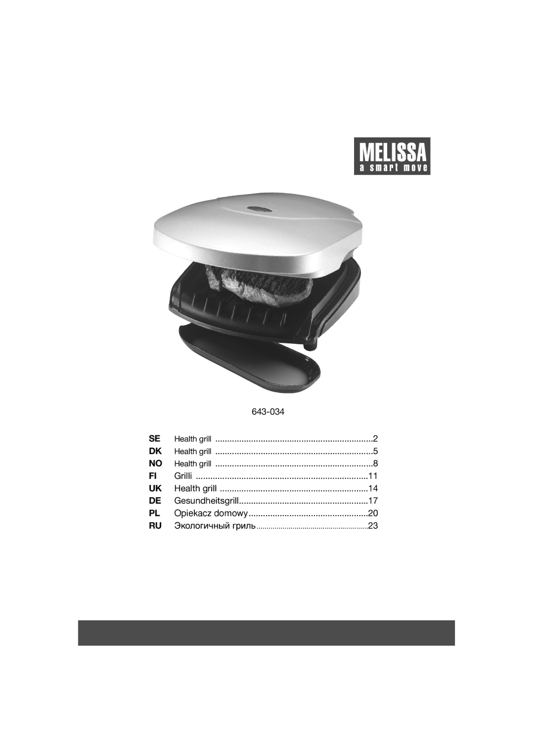 Melissa 643-034 manual Health grill Grilli Gesundheitsgrill Opiekacz domowy 