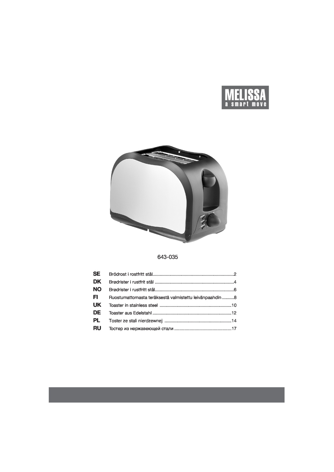 Melissa 643-035 manual Toaster in stainless steel, Toaster aus Edelstahl, Toster ze stali nierdzewnej 