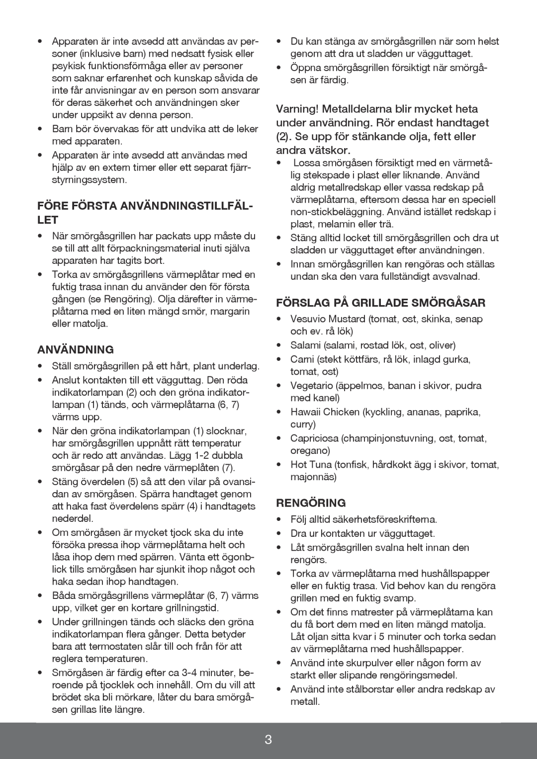 Melissa 643-095, 643-036 manual Före Första Användningstillfäl- Let, Förslag På Grillade Smörgåsar, Rengöring 